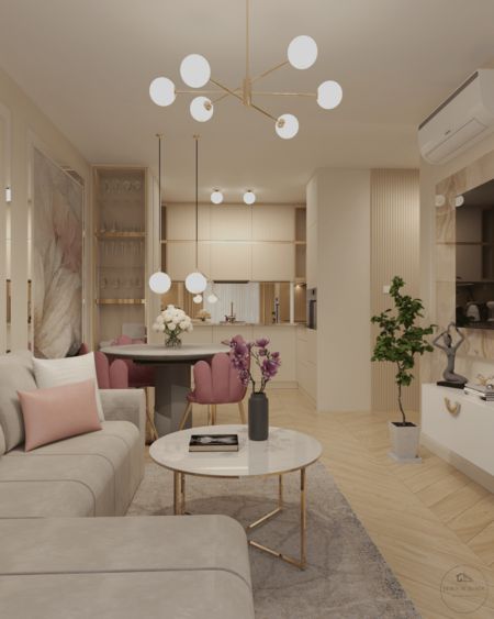 Wnętrze salonu w stylu glamour z nowoczesnymi meblami, okrągłym stołem i roślinami