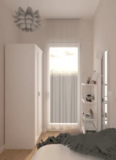 Wnętrze pokoju z minimalistycznym wystrojem, białą szafą i zasłonami, styl soft minimalizm.
