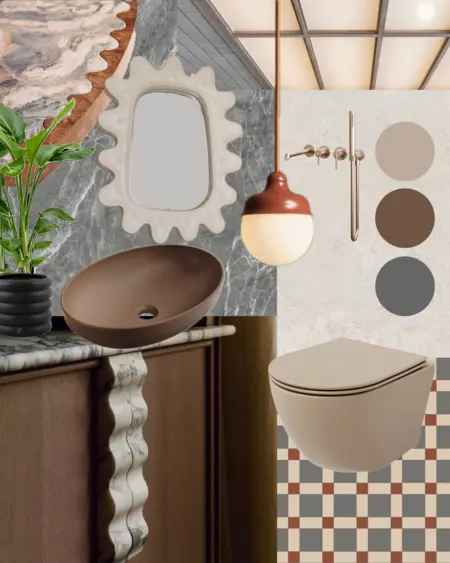 Nowoczesna łazienka z brązowym umywalką, lustrem, rośliną i płytkami w stylu boho i skandynawskim.