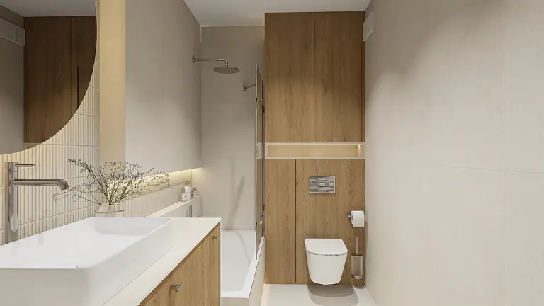 Minimalistyczna łazienka w stylu japandi z drewnem.