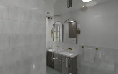 Wnętrze łazienki z szarymi płytkami i białymi akcentami, tradycyjny design.