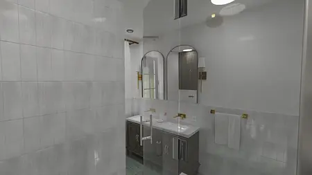 Wnętrze łazienki z szarymi płytkami i białymi akcentami, tradycyjny design.