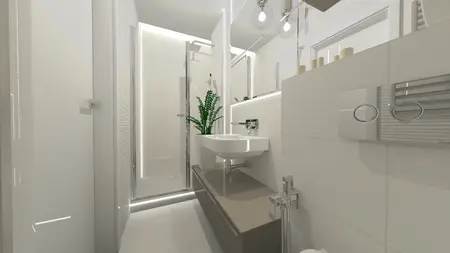 Wnętrze łazienki z białą umywalką, prysznicem i rośliną, styl glamour.