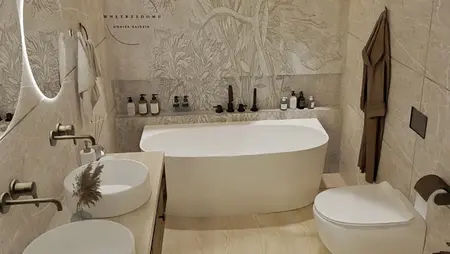 Wnętrze nowoczesnej łazienki z białą wanną, umywalkami i drewnianymi detalami.