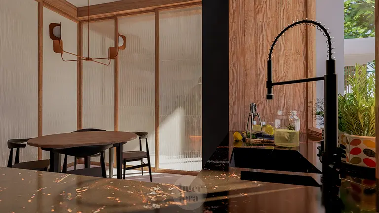 Wnętrze kuchni w stylu eklektycznym z elementami dopamine decor.