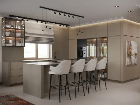 Nowoczesna kuchnia z minimalistycznym designem, beżowe meble i szare akcenty.