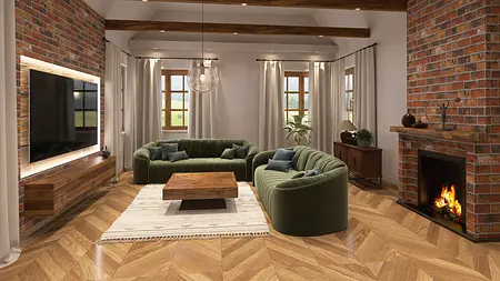 Wnętrze salonu w stylu rustykalnym i industrialnym z zielonymi sofami i drewnianym stołem.