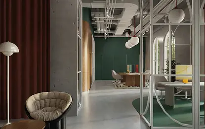 Wnętrze biura w stylu dopamine decor, minimalistyczne z zielonymi ścianami i nowoczesnym wyposażeniem.