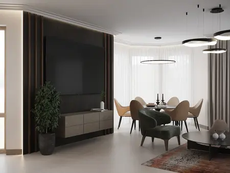 Wnętrze jadalni z minimalistycznym stołem, krzesłami i rośliną, nowoczesny styl.