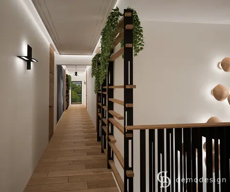 Nowoczesny przedpokój z roślinami i drewnianymi akcentami, styl quiet luxury i współczesny.