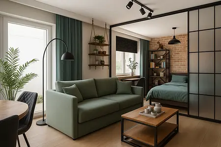 Salon z zieloną sofą, drewnianym stołem i industrialnym stylem.