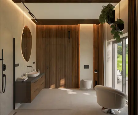 Nowoczesna łazienka quiet luxury z drewnianymi detalami i dużym oknem.