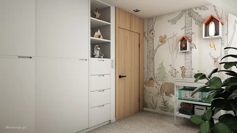 Wnętrze pokoju dziecięcego z białymi meblami i drewnianą tapetą w nowoczesnym stylu.