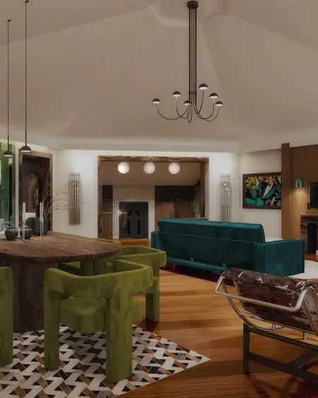 Wnętrze jadalni w stylu art deco z zielonymi krzesłami i drewnianym stołem.