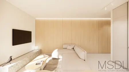 Wnętrze salonu w stylu boho i japandi z beżową sofą