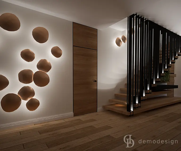 Nowoczesne wnętrze z drewnianymi elementami i oświetleniem, quiet luxury, współczesny design.