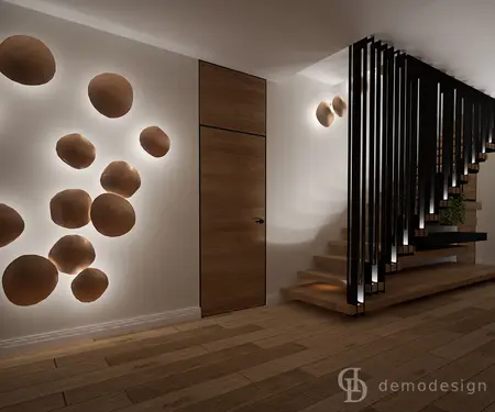 Nowoczesne wnętrze z drewnianymi elementami i oświetleniem, quiet luxury, współczesny design.