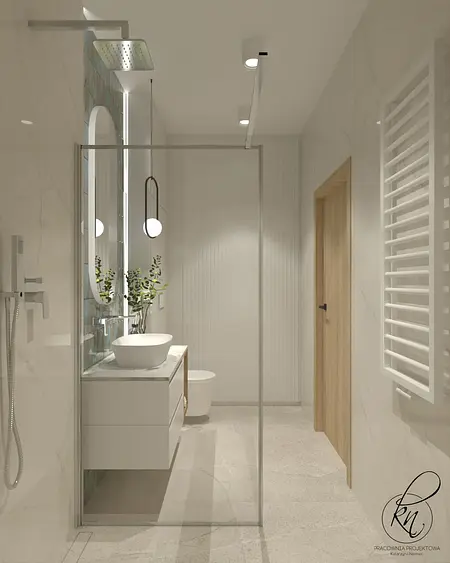 Nowoczesna łazienka z białą umywalką, drewnianymi elementami, minimalistyczny design