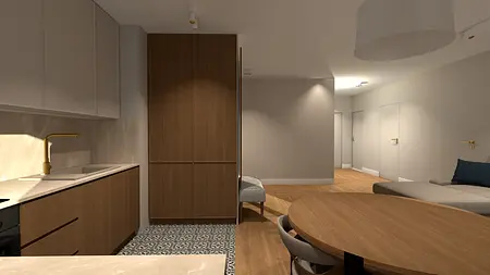 Wnętrze współczesnej kuchni z drewnianymi meblami i beżowymi detalami.