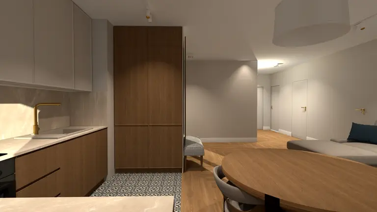 Wnętrze współczesnej kuchni z drewnianymi meblami i beżowymi detalami.