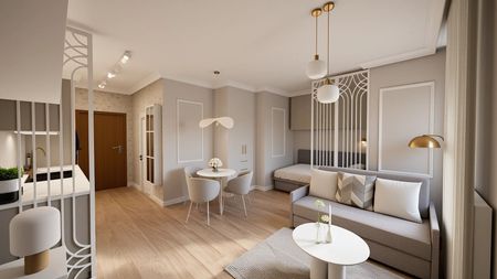 Eklektyczne wnętrze salonu z szarymi meblami i jasnym akcentem.