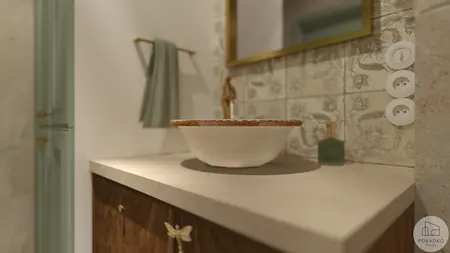 Wnętrze łazienki w stylu rustykalnym, soft minimalizm i vintage z zielonymi akcentami.