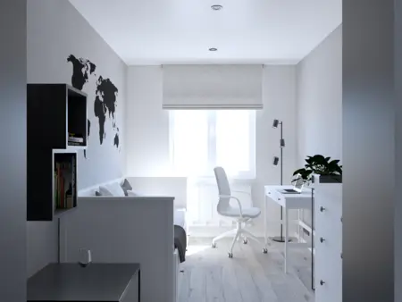 Biuro w stylu industrialnym, minimalistycznym i współczesnym z białym biurkiem i rośliną.