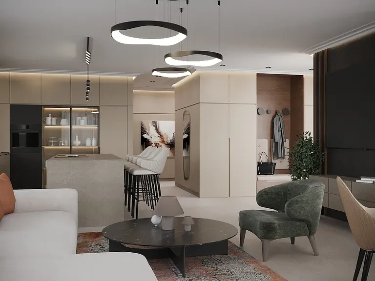 Wnętrze kuchni z minimalistycznym designem, nowoczesnymi meblami i współczesnym oświetleniem.