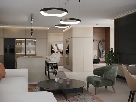 Wnętrze kuchni z minimalistycznym designem, nowoczesnymi meblami i współczesnym oświetleniem.