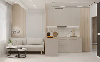 Wnętrze kuchni w stylu japandi, minimalistycznym, nowoczesnym z szarymi meblami.