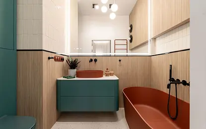 Nowoczesna łazienka z zielonymi meblami i brązową wanną, współczesny design.