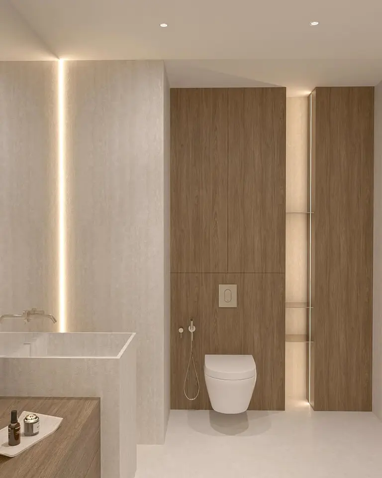 Nowoczesna łazienka w stylu japandi z drewnem i minimalistycznym designem.