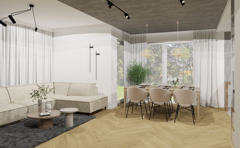 Wnętrze jadalni w stylu japandi, minimalistycznym z beżowymi meblami i naturalnym oświetleniem.