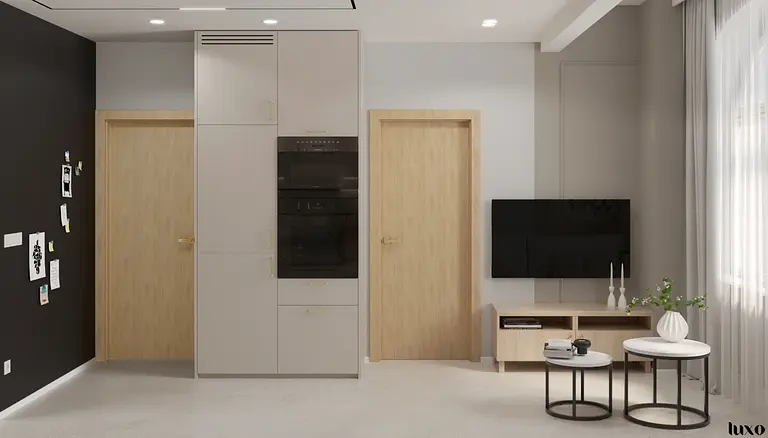 Wnętrze kuchni w stylu japandi, minimalistycznym i nowoczesnym z szarymi meblami.