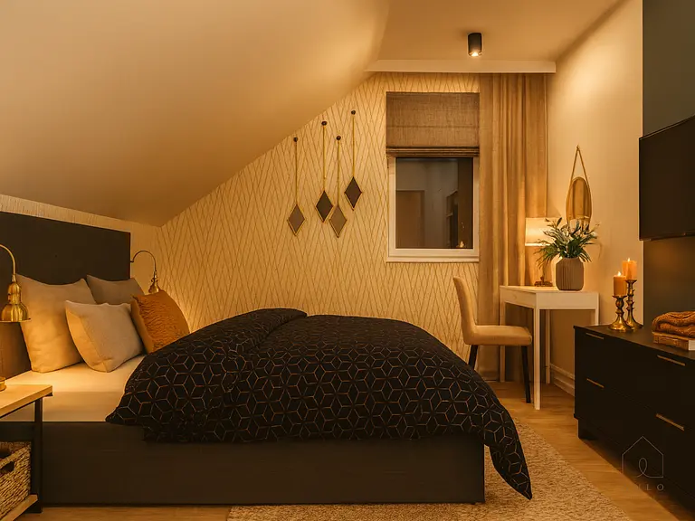 Sypialnia minimalistyczna z brązowym łóżkiem, beżową pościelą i eleganckim biurkiem.