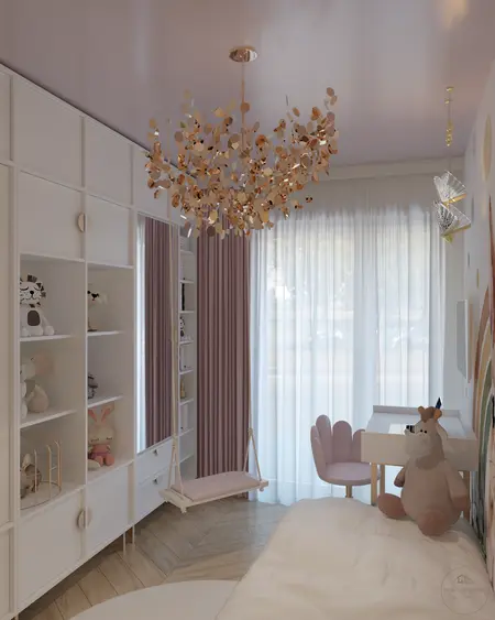 Pokój dziecięcy z jasnymi meblami i huśtawką, styl glamour i nowoczesny.