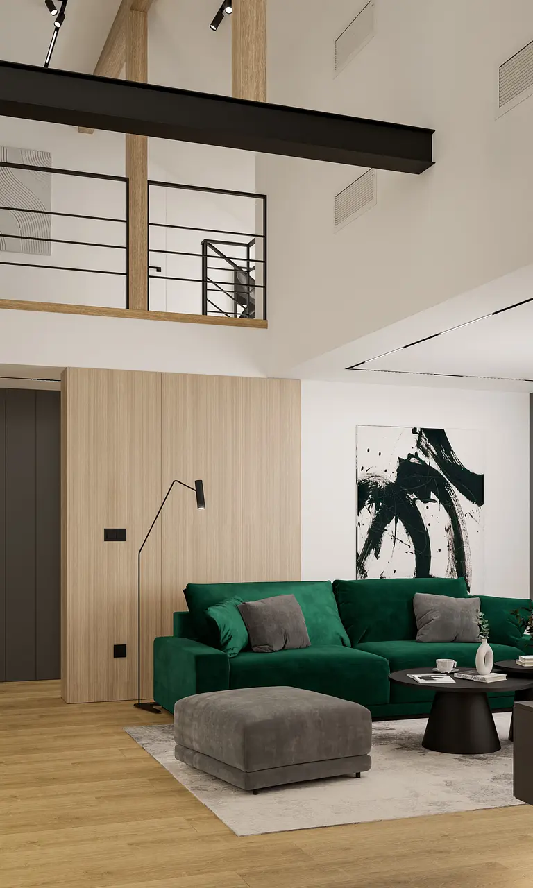 Wnętrze salonu z minimalistycznym designem, zielona sofa, drewniane elementy.