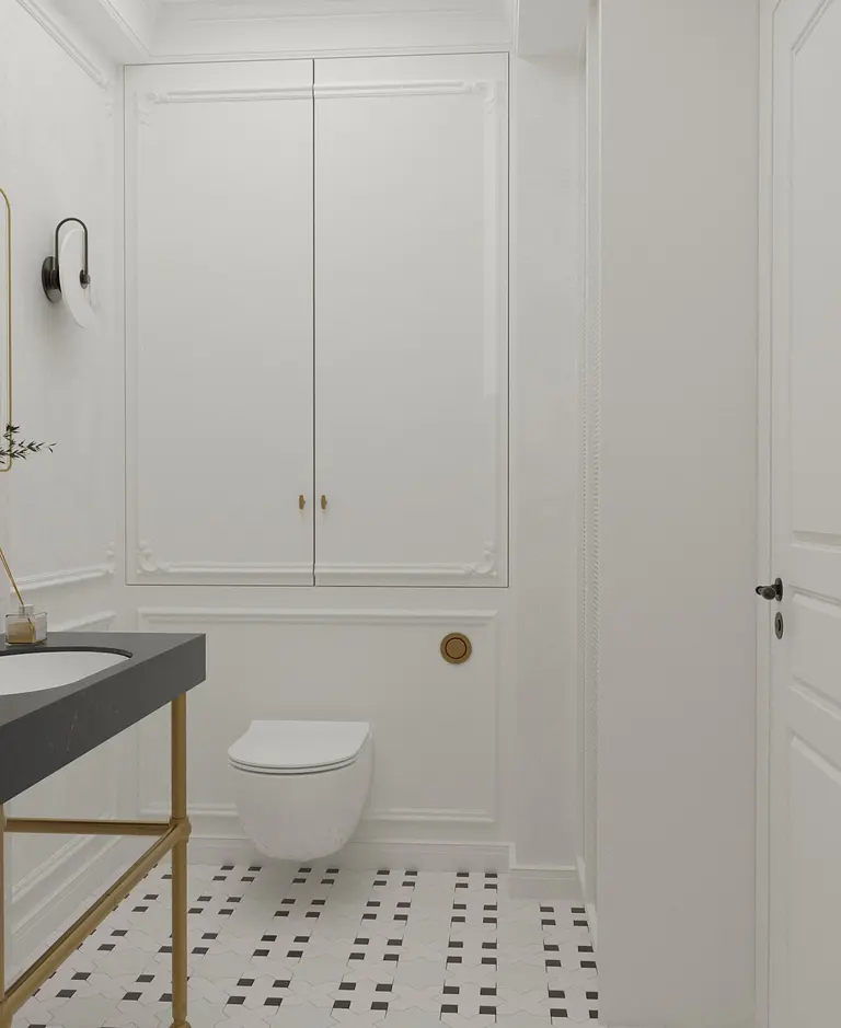 Elegancka łazienka w stylu art deco i minimalistycznym z tradycyjnymi elementami.