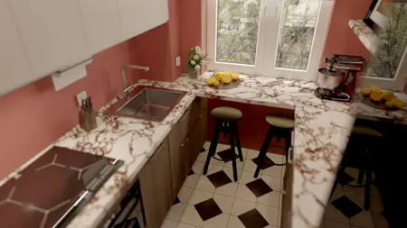 Kuchnia w stylu dopamine decor, eklektyczna, minimalistyczna, nowoczesna, współczesna z marmurowym blatem.