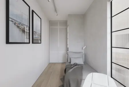 Wnętrze w stylu japandi, minimalistycznym, nowoczesnym z szarymi ścianami i jasnym drewnem.