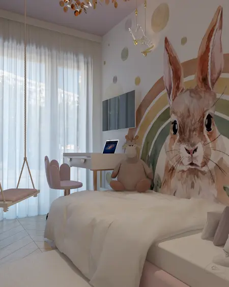 Pokój dziecięcy z motywem zająca, nowoczesnymi meblami i dekoracjami glamour.