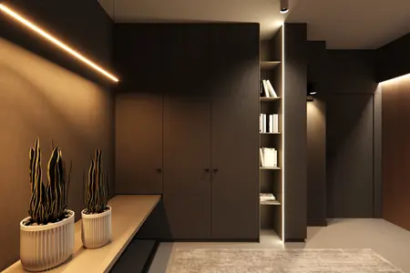 Eklektyczne, minimalistyczne wnętrze z roślinami i drewnianymi akcentami.