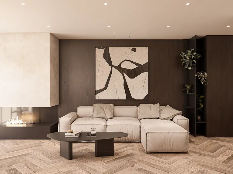 Wnętrze salonu w stylu eklektycznym z beżową sofą, drewnianym stołem i nowoczesnym obrazem.