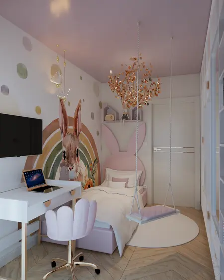 Pokój dziecięcy z różowym wnętrzem, huśtawką i biurkiem, styl nowoczesny i glamour.