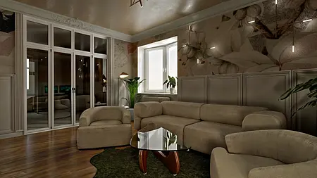 Wnętrze salonu w stylu eklektycznym z beżową sofą, szklanym stolikiem i roślinami.