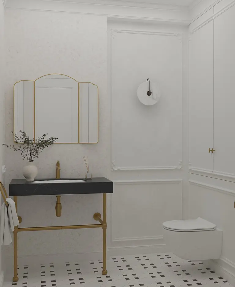 Łazienka w stylu art deco z minimalistycznym i tradycyjnym wystrojem, czarna umywalka.