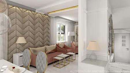 Glamour wnętrze salonu z różowymi sofami i eleganckimi detalami.