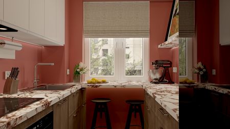 Kuchnia w stylu dopamine decor z marmurowym blatem i różowymi ścianami, minimalistyczna i nowoczesna.