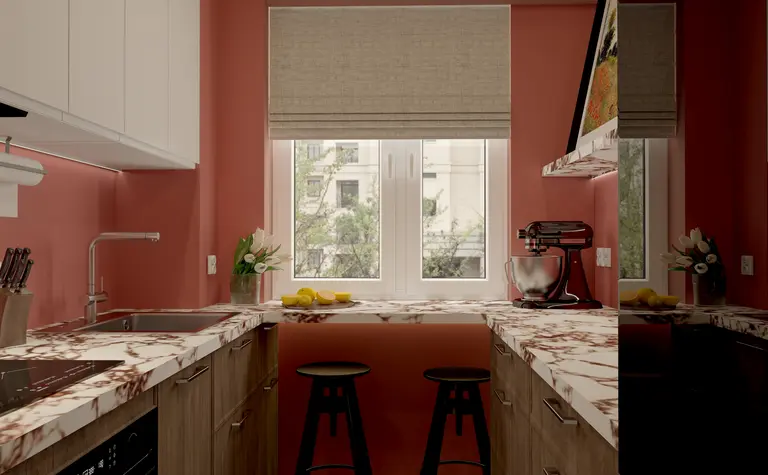 Kuchnia w stylu dopamine decor z marmurowym blatem i różowymi ścianami, minimalistyczna i nowoczesna.