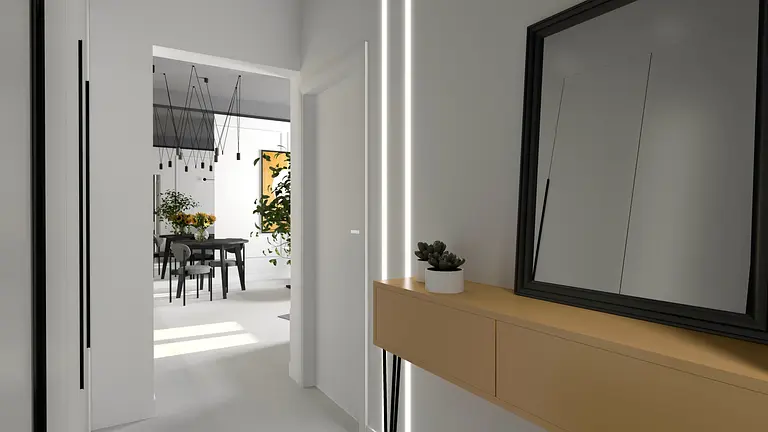 Korytarz z lustrem, roślinami i nowoczesnym oświetleniem dopamine decor.